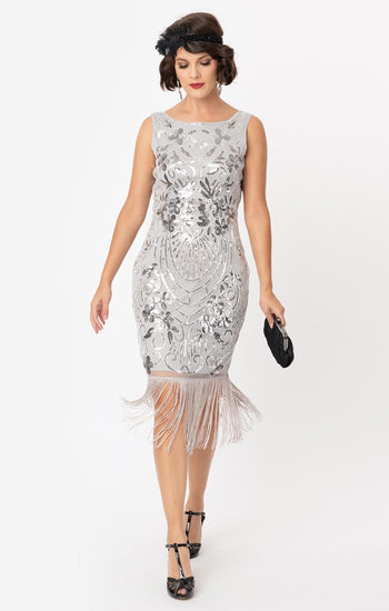 Black Sequin 1920's Vintage Inspired Fringe Flapper Dress-Alix - Blanche's Place